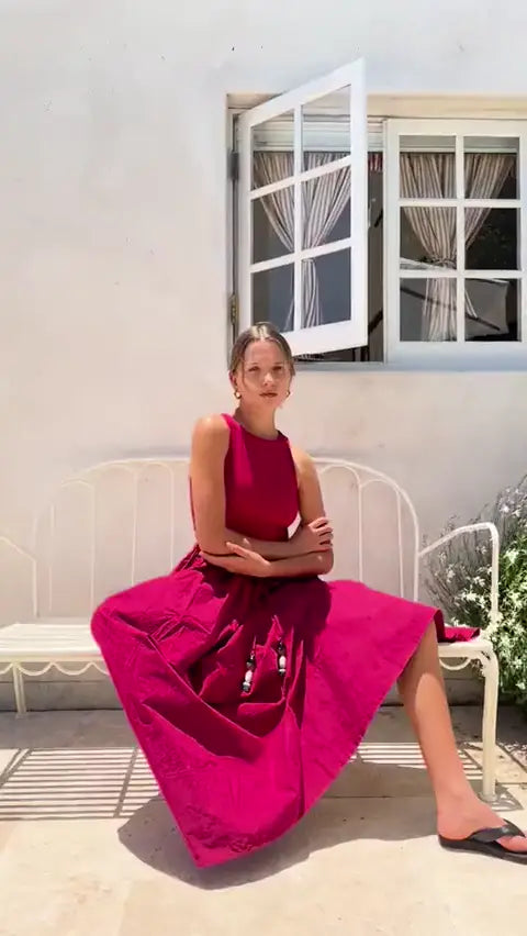 Corsica Dress in Crimson and White, worn
